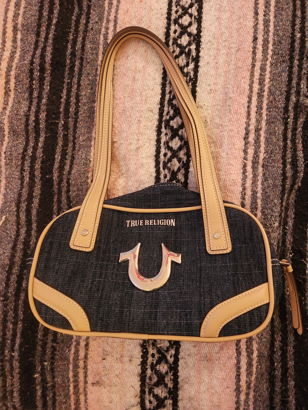 True Religion Navy Denim Shoulder Bag with Tan Trim Used Once Like New